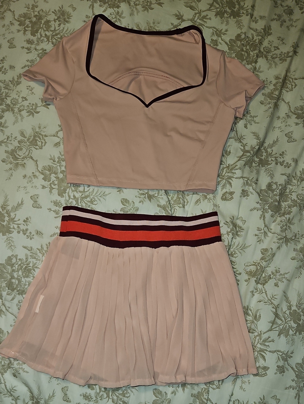 Tennis Pleated Pink Mini Skirt and Top with Striped Waistband